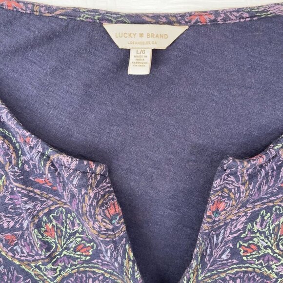 Lucky Brand LARGE Peacock Feather Paisley AOP Shirt Cttn/Modal Tie Front Blouse - Picture 4 of 7